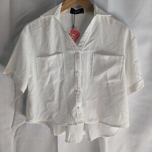 Cider collar pocket button up short sleeve crop blouse white XXS NWT